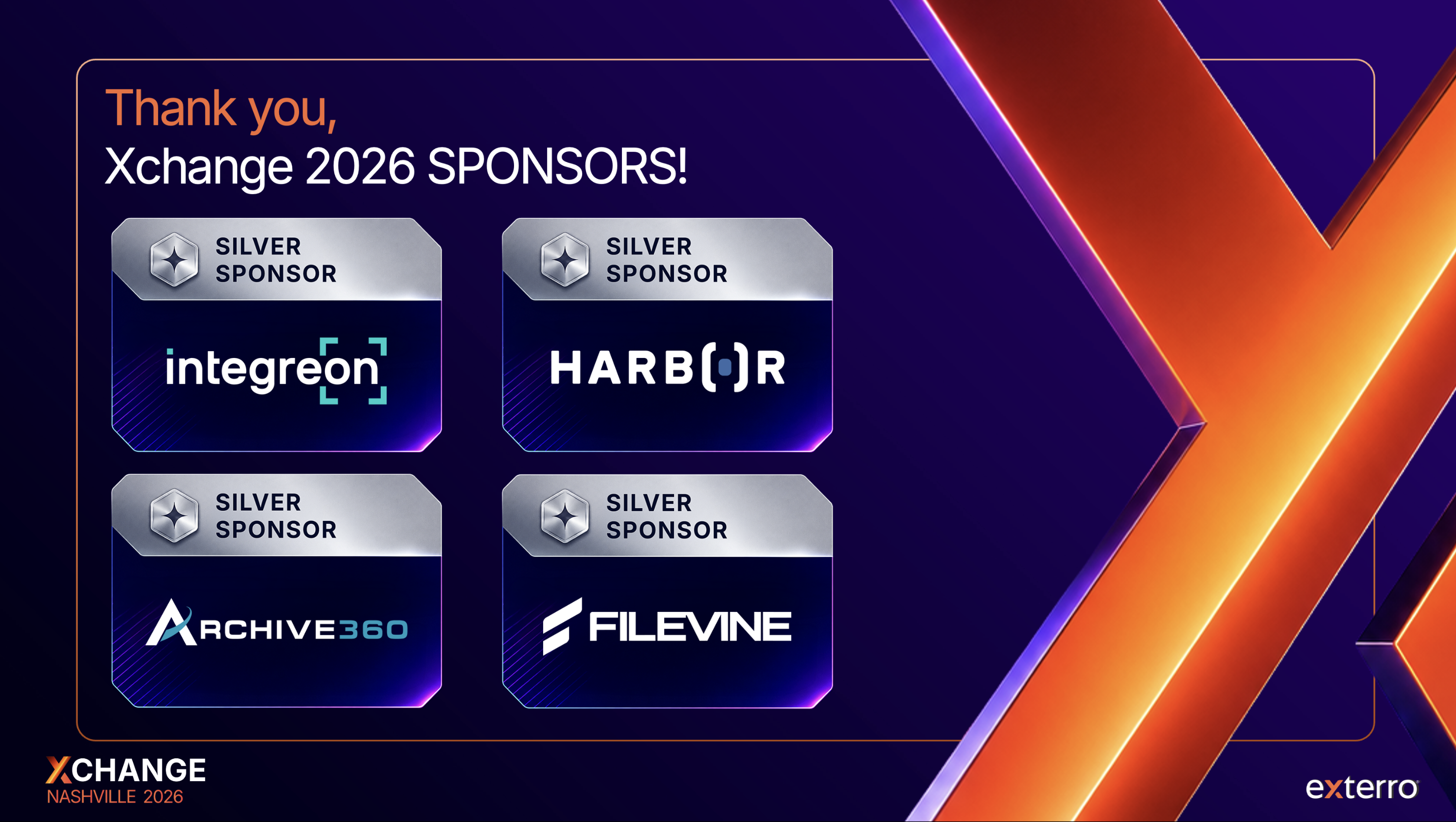 Thank you, XChange 2026 silver sponsors: Integreon, Harbor, Archive360 and Filevine
