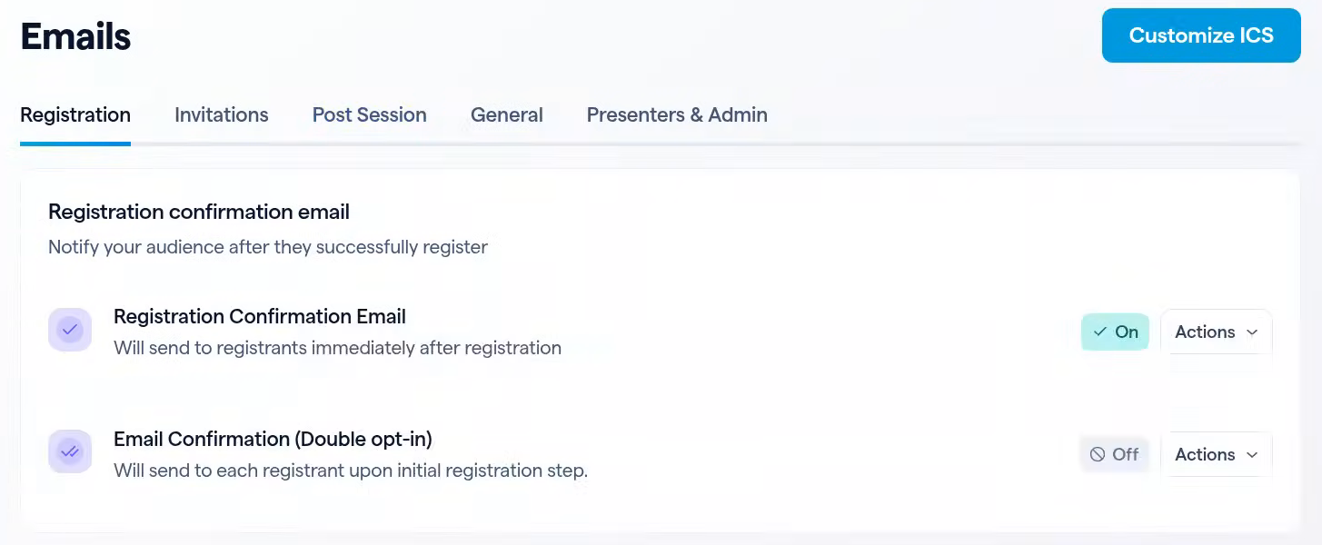 The Emails page, Registration tab: Registration Confirmation Email is On, with its Actions menu.