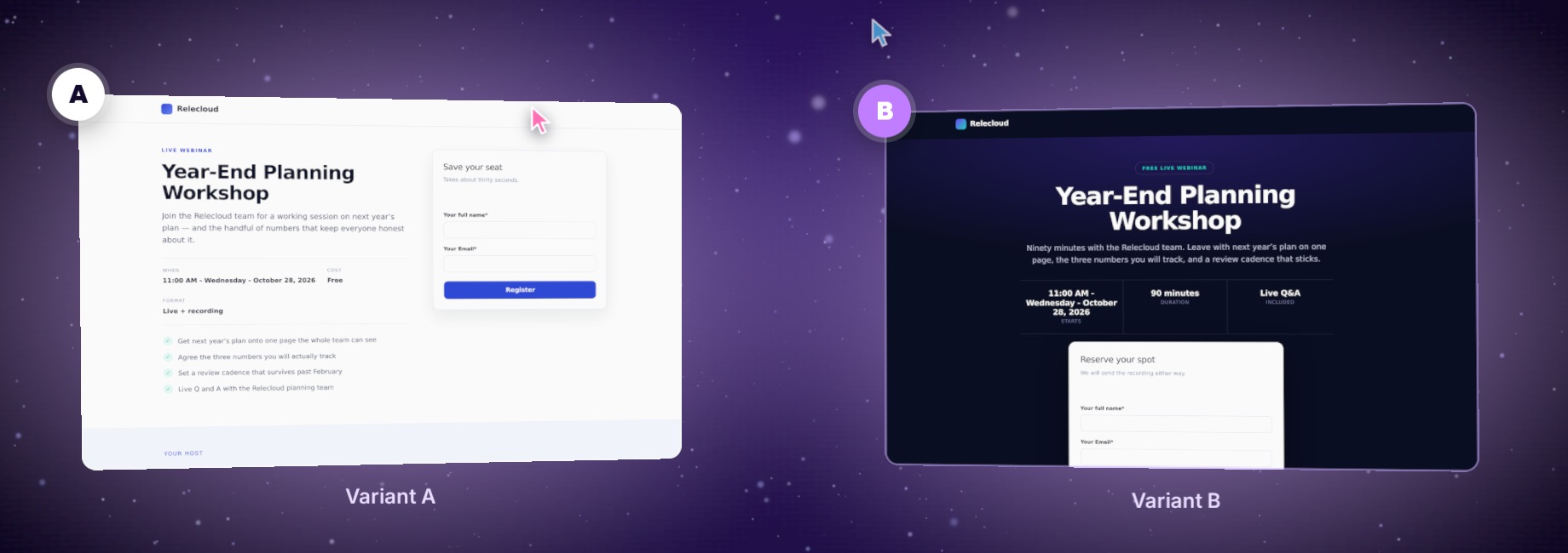 Two versions of the same registration page side by side: Variant A with a light layout and Variant B with a dark, bold design.