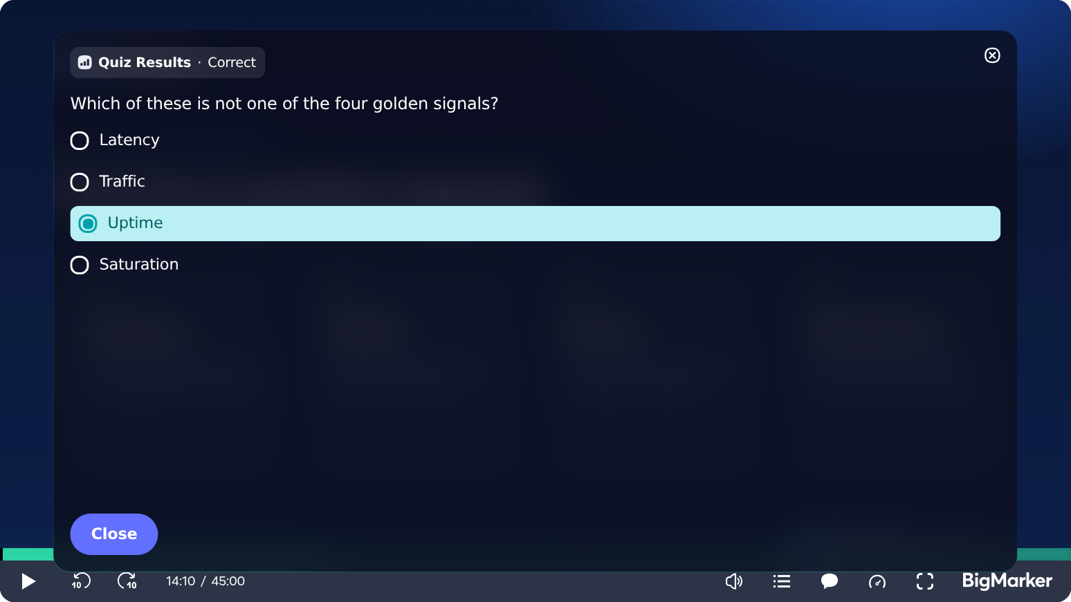Quiz Results, Correct, with the chosen answer Uptime highlighted.