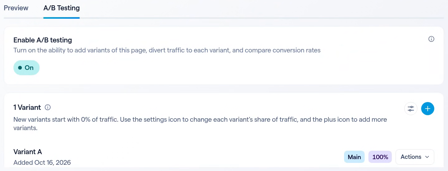 The A/B Testing tab with Enable A/B testing switched on and Variant A as the main page at 100% of traffic.