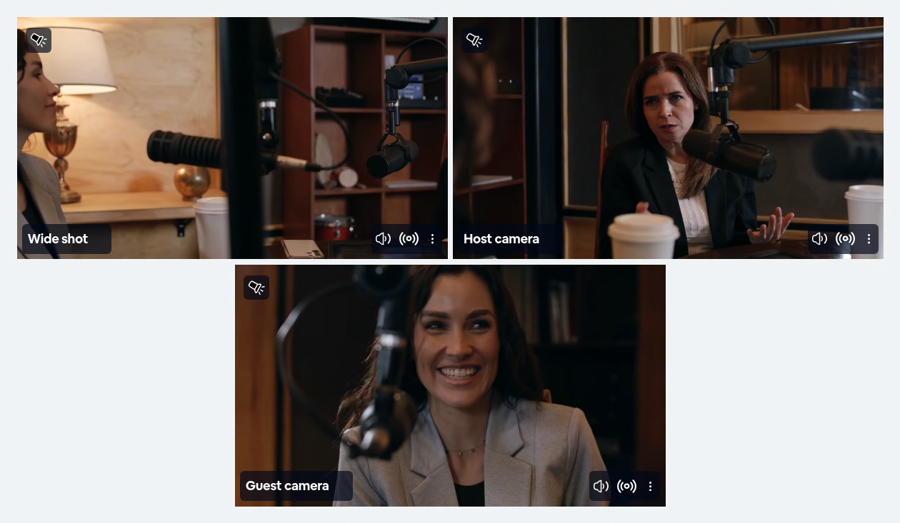 The studio room's Presenter View with three RTMP cameras: Wide shot, Host camera and Guest camera.