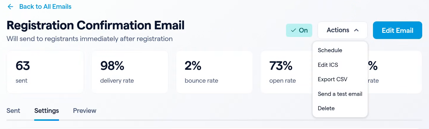 Registration Confirmation Email with its Actions menu open: Schedule, Edit ICS, Export CSV, Send a test email, Delete.