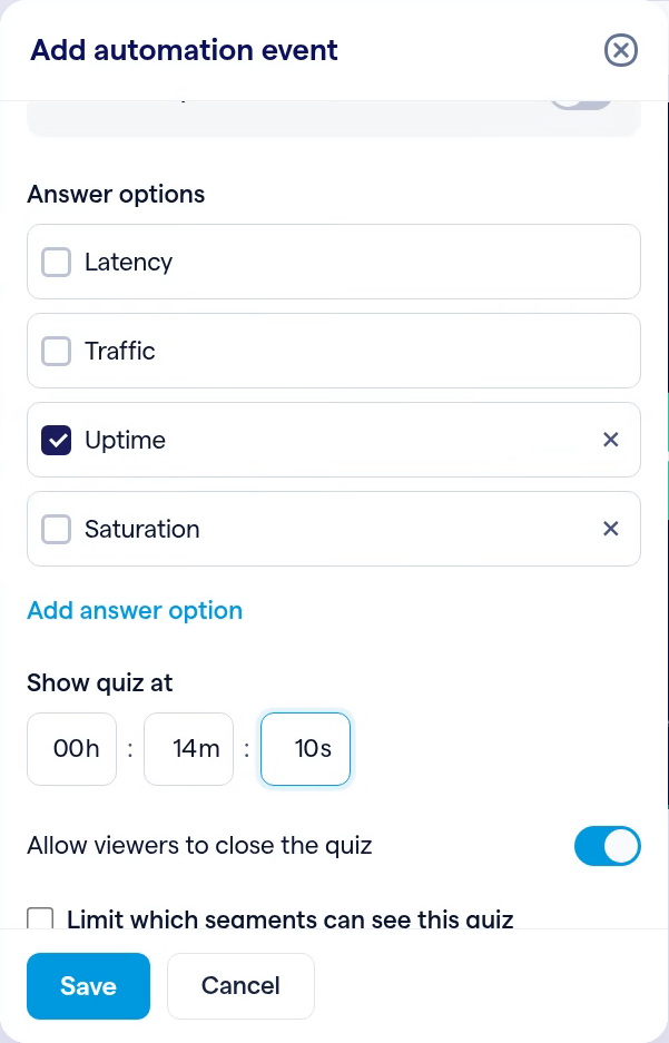 Four answer options with Uptime ticked as correct, and Show quiz at set to 0 hours, 14 minutes, 10 seconds.