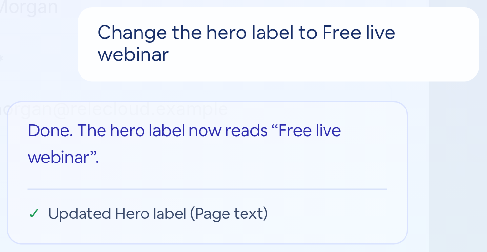Change the hero label to Free live webinar. Done, with Updated Hero label confirmed.