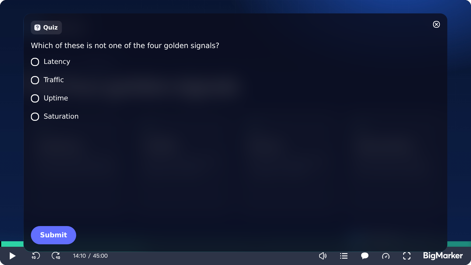 The quiz over the paused video at 14:10, with four answers and a Submit button.