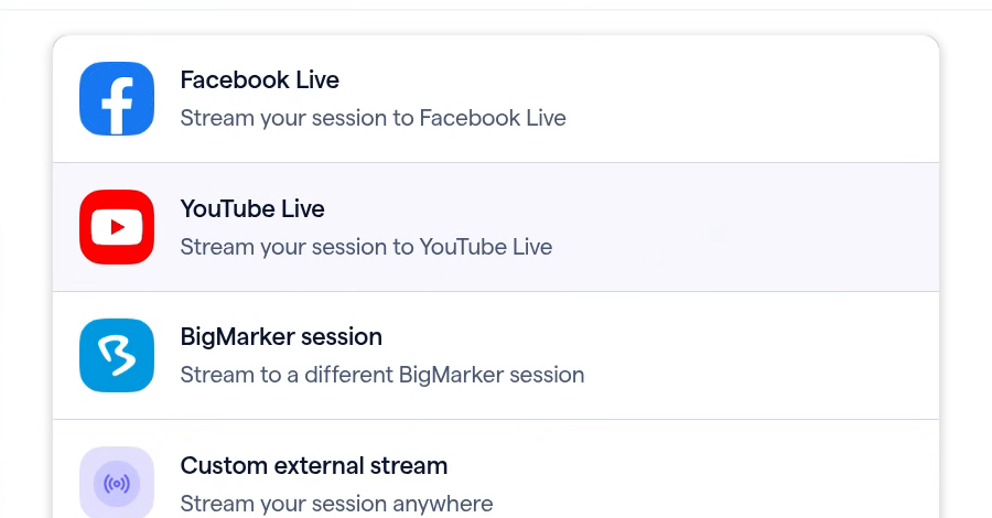 Add RTMP destination, listing Facebook Live, YouTube Live, BigMarker session and Custom external stream.
