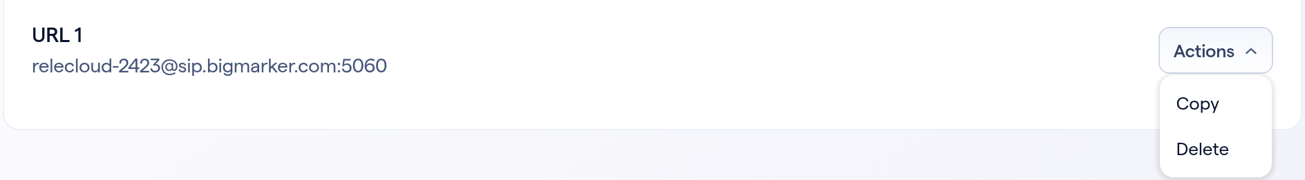The Actions menu on URL 1, with Copy and Delete.