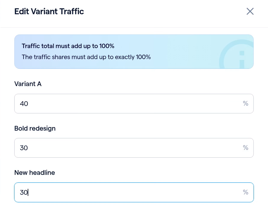 Edit Variant Traffic, splitting traffic 40, 30 and 30 percent across three variants.