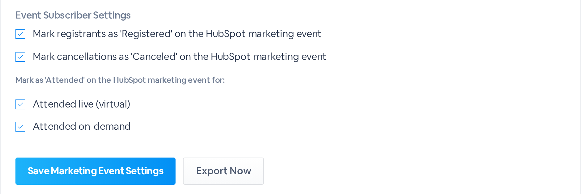 Event Subscriber Settings with Registered, Canceled, Attended live and Attended on-demand checked, above Save Marketing Event Settings and Export Now.