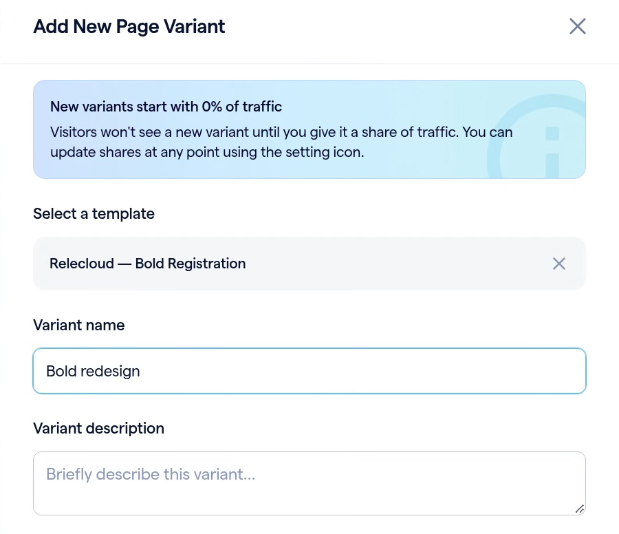 Add New Page Variant, with the Bold Registration template selected and the variant named Bold redesign.
