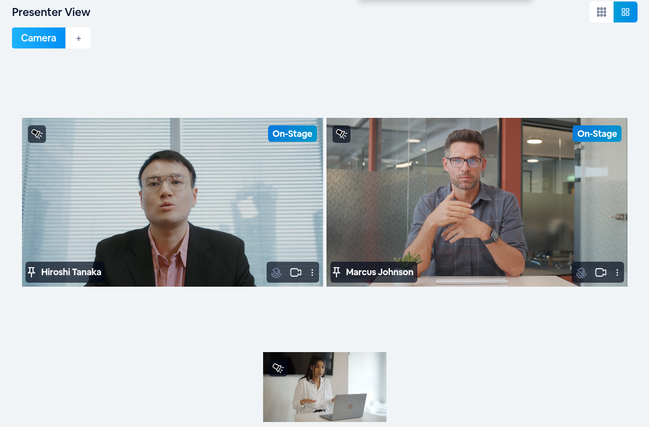 Presenter View with two presenters pinned, Hiroshi Tanaka and Marcus Johnson, sharing the top row; the third presenter beneath.