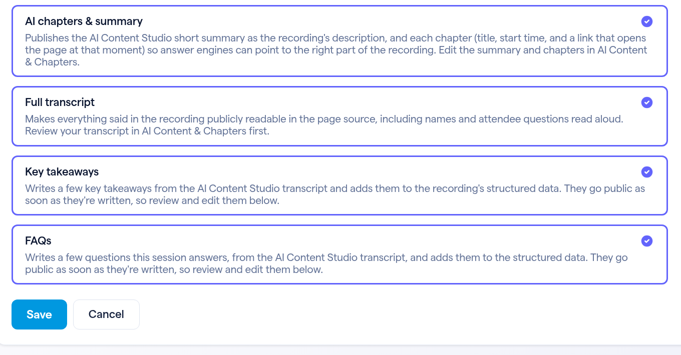 Data to include, with AI chapters and summary, Full transcript, Key takeaways and FAQs all selected.