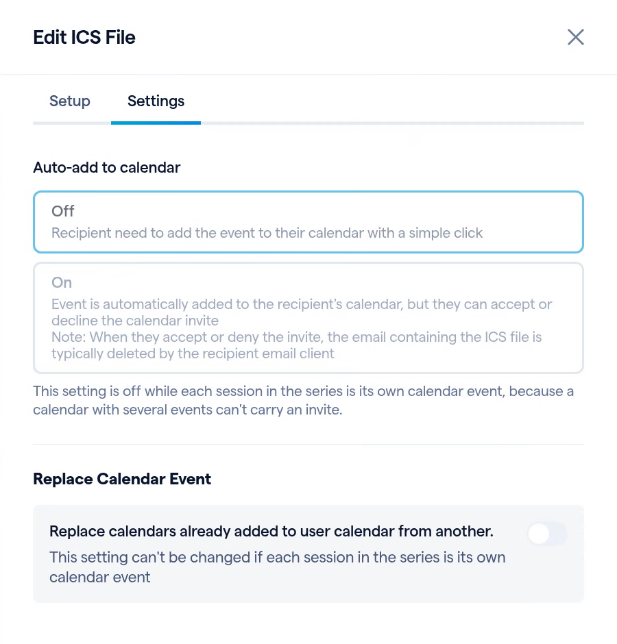 Edit ICS File, Settings: Auto-add to calendar held at Off with its note, and Replace Calendar Event locked.