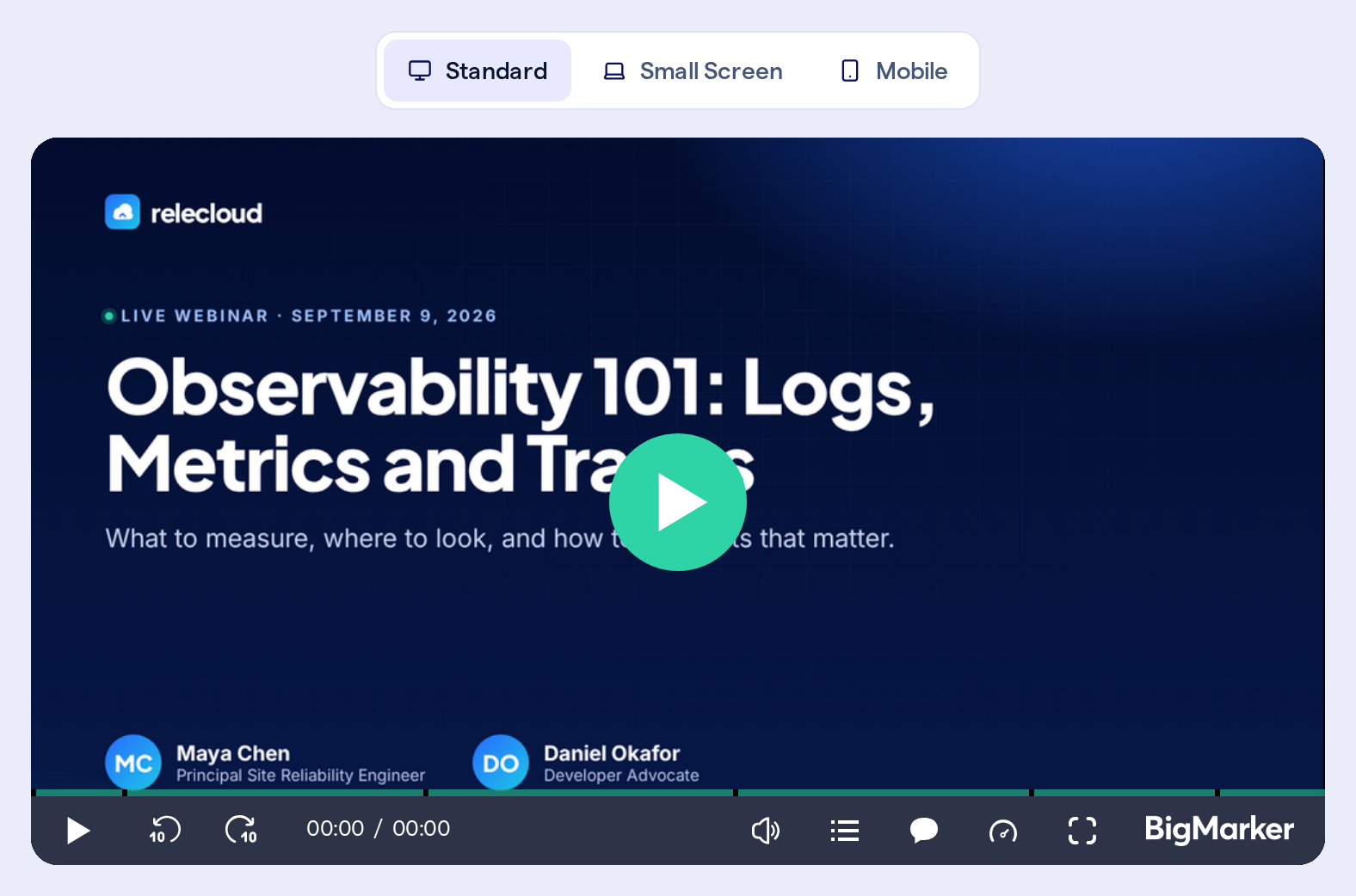 The live preview: the player with a mint play button over the webinar's title slide, and Standard, Small Screen and Mobile above it.