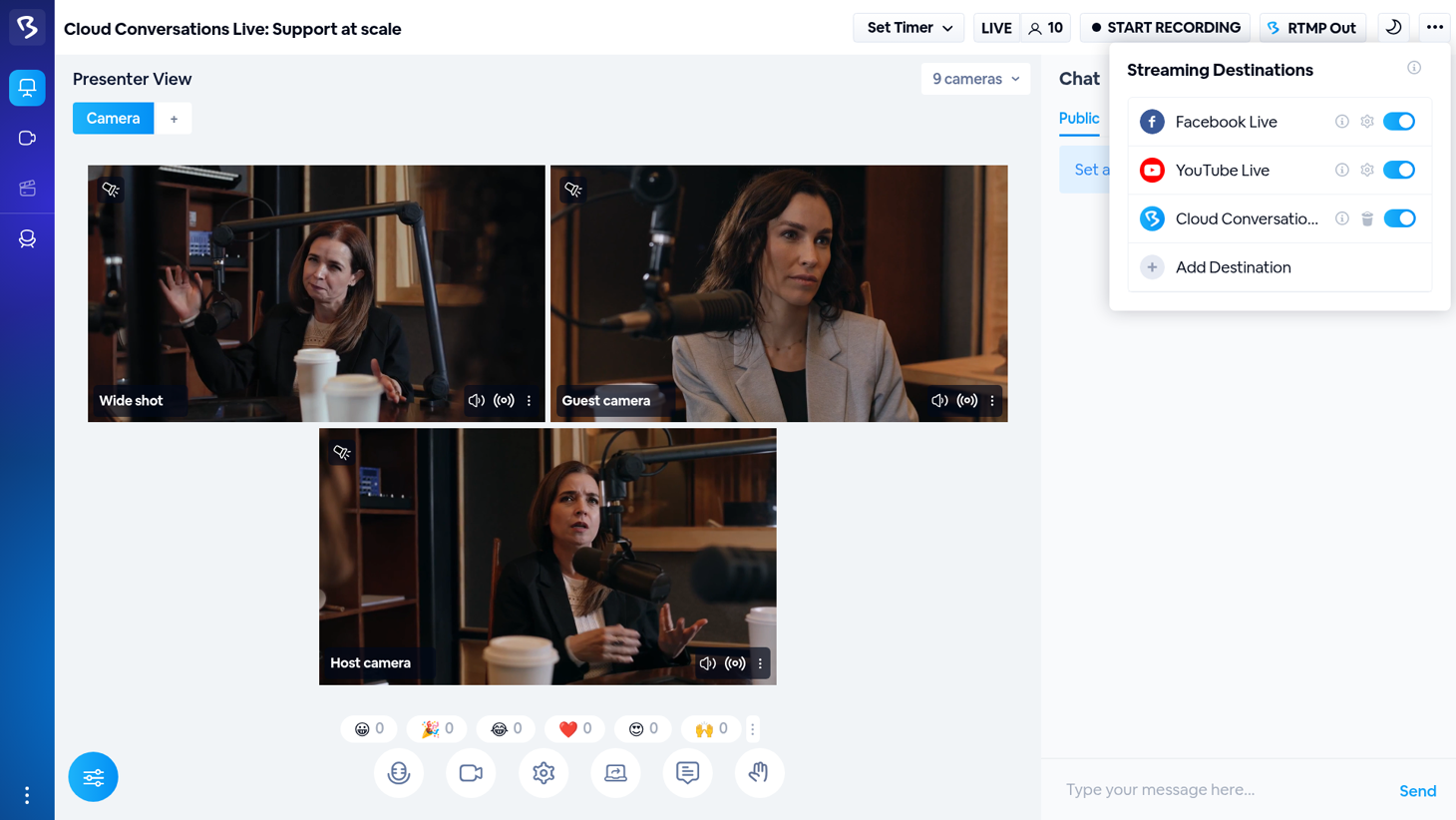 The podcast's studio with Streaming Destinations open: Facebook Live, YouTube Live and the partner watch party, all switched on.