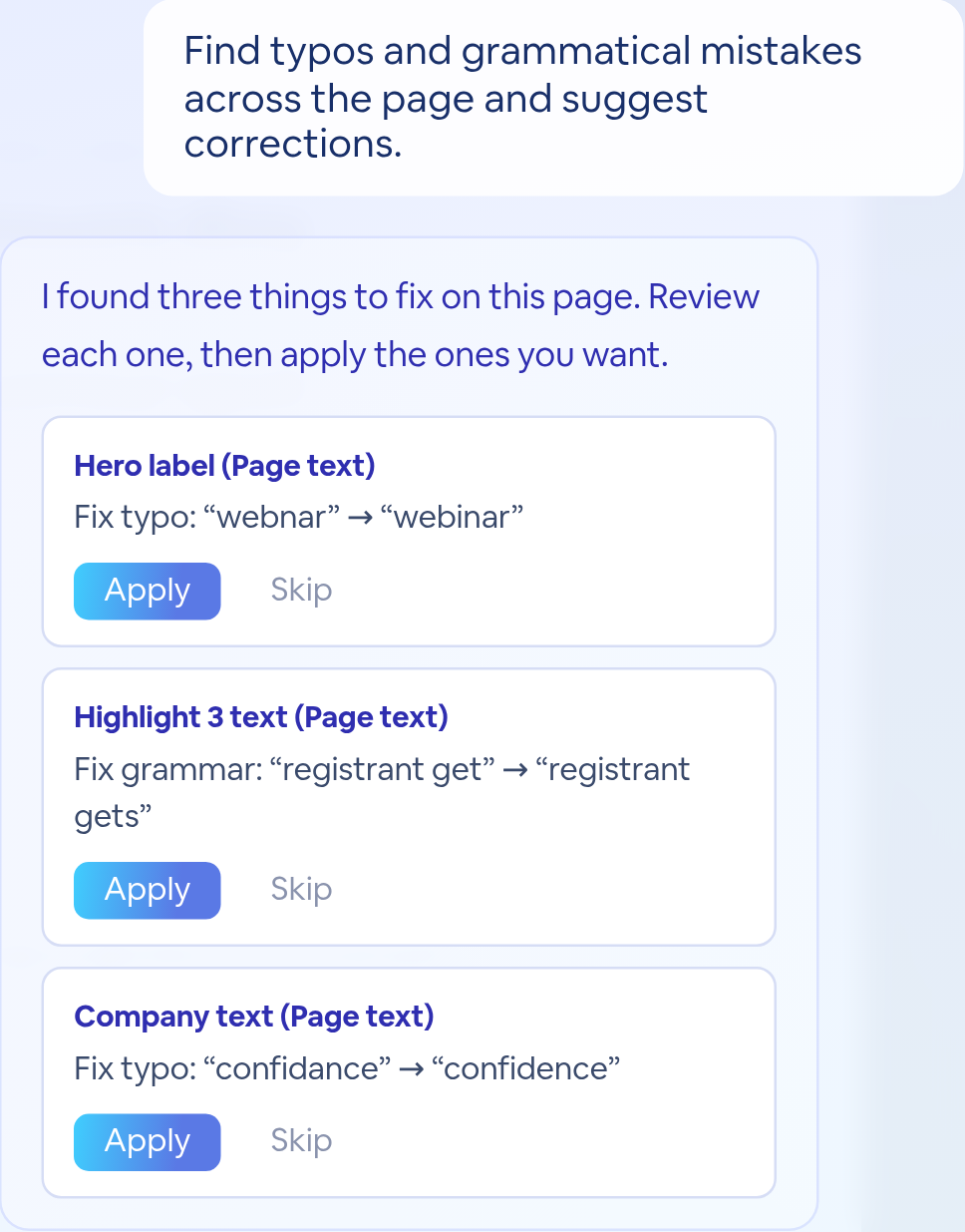 Three suggestions, each naming its field and the fix, with Apply and Skip.