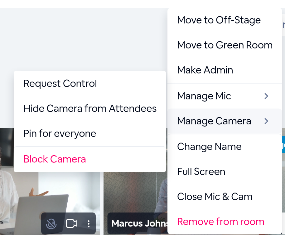 The menu on a presenter's camera, open on Manage Camera, with Request Control, Hide Camera from Attendees, Pin for everyone and Block Camera.