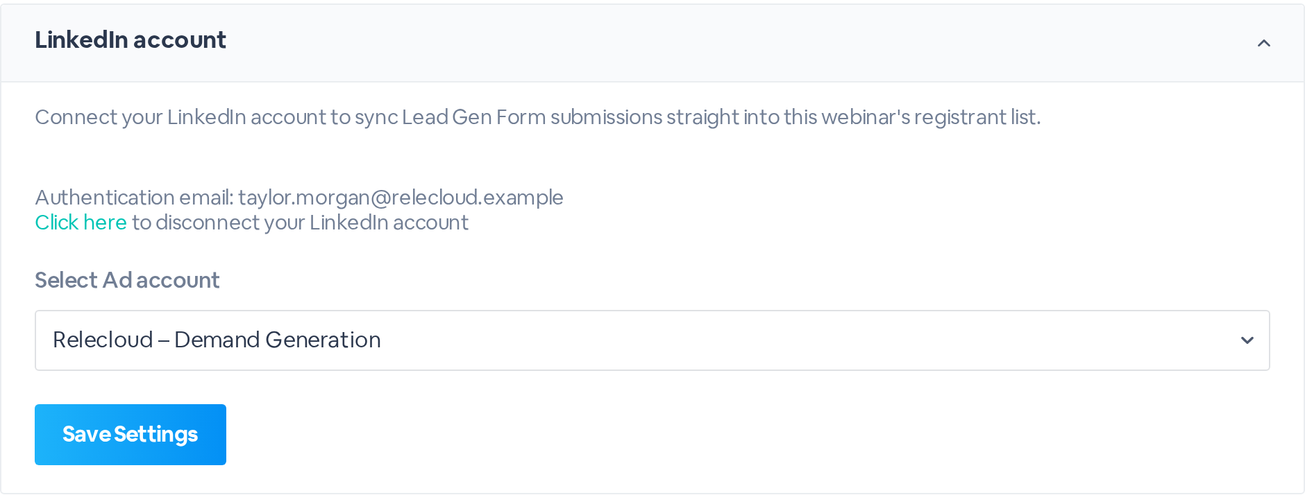 LinkedIn account connected, with the sign-in email and the Relecloud Demand Generation ad account selected.