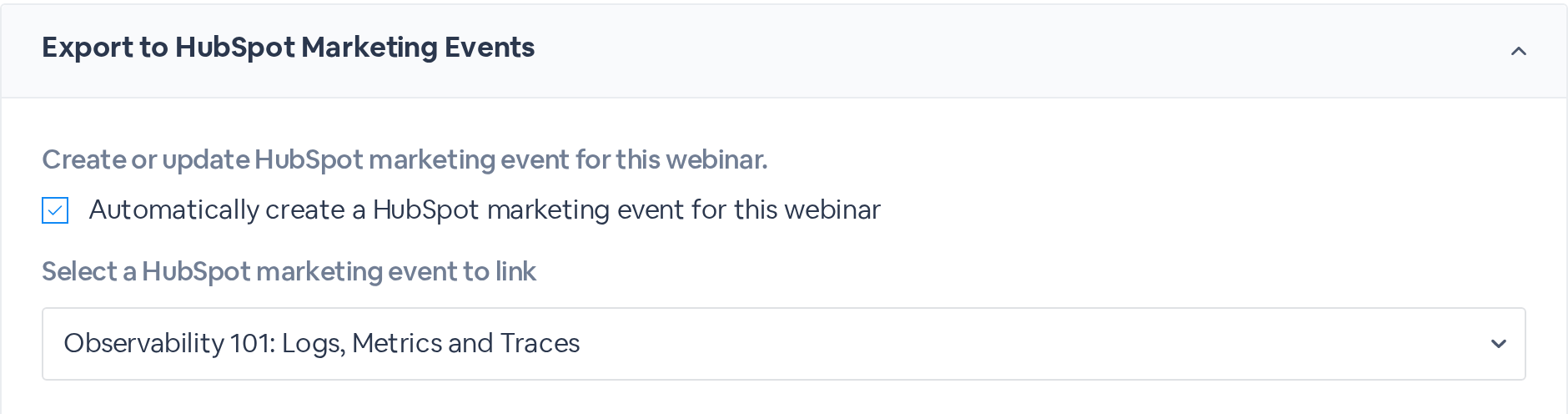 Automatically create a HubSpot marketing event for this webinar is checked, and the Observability 101 event is selected.