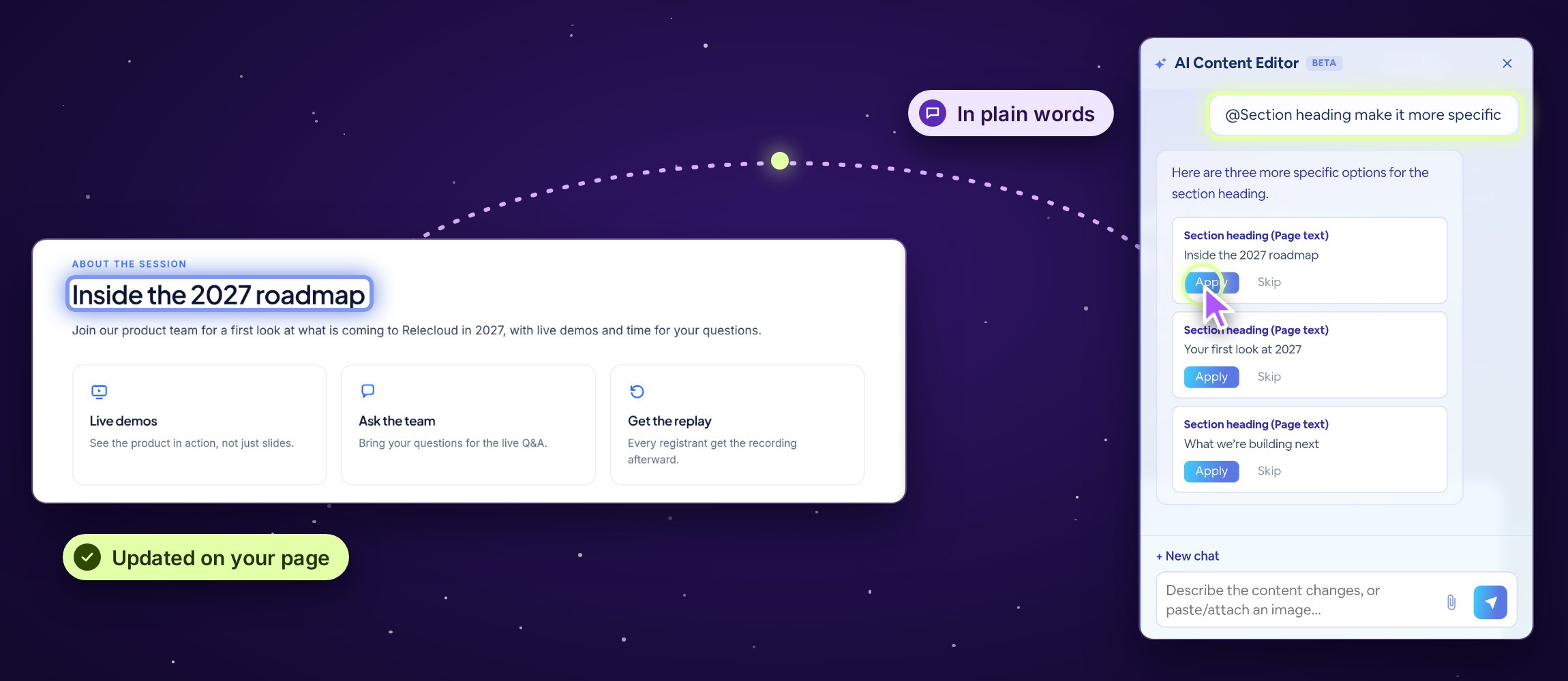 The AI Content Editor beside a registration page: a request to make the section heading more specific, three options, and the chosen one updated on the page.