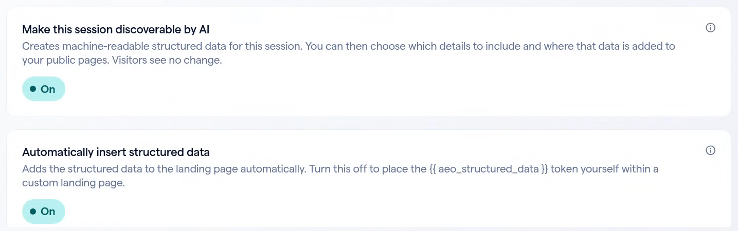 AEO settings with Make this session discoverable by AI and Automatically insert structured data both switched on.