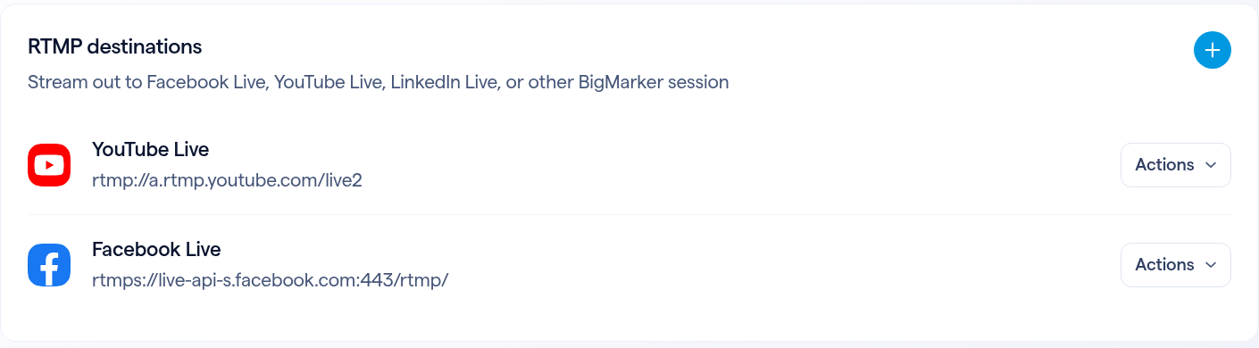 RTMP destinations listing YouTube Live and Facebook Live with their server URLs.