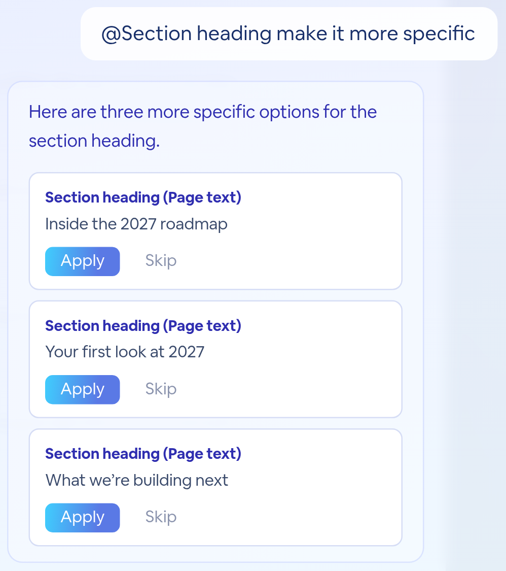 @Section heading make it more specific, and three options with Apply and Skip.
