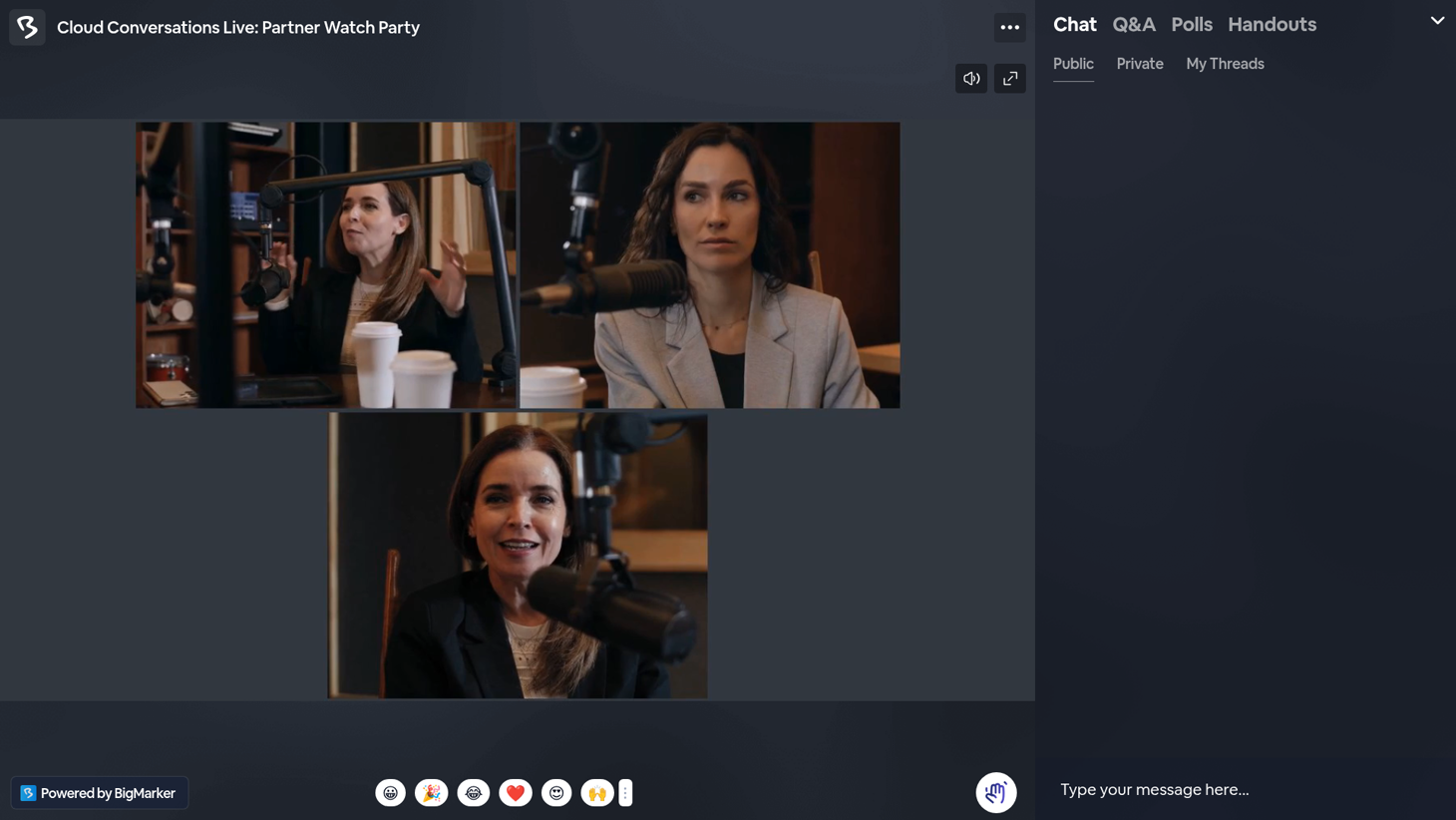 A partner watch party session playing the podcast's live cameras, with its own chat beside it.