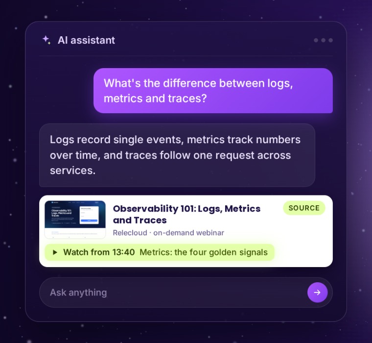 An AI assistant answers a question about logs, metrics and traces and cites the Observability 101 on-demand webinar as its source, with a link to watch from 13:40.