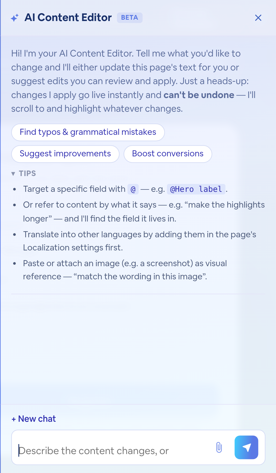 The AI Content Editor as it opens: a welcome note, the quick checks, and tips.