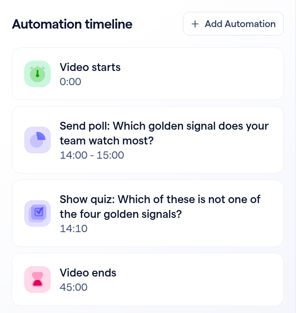 The Automation timeline with the new quiz at 14:10, after a poll from 14:00 to 15:00.