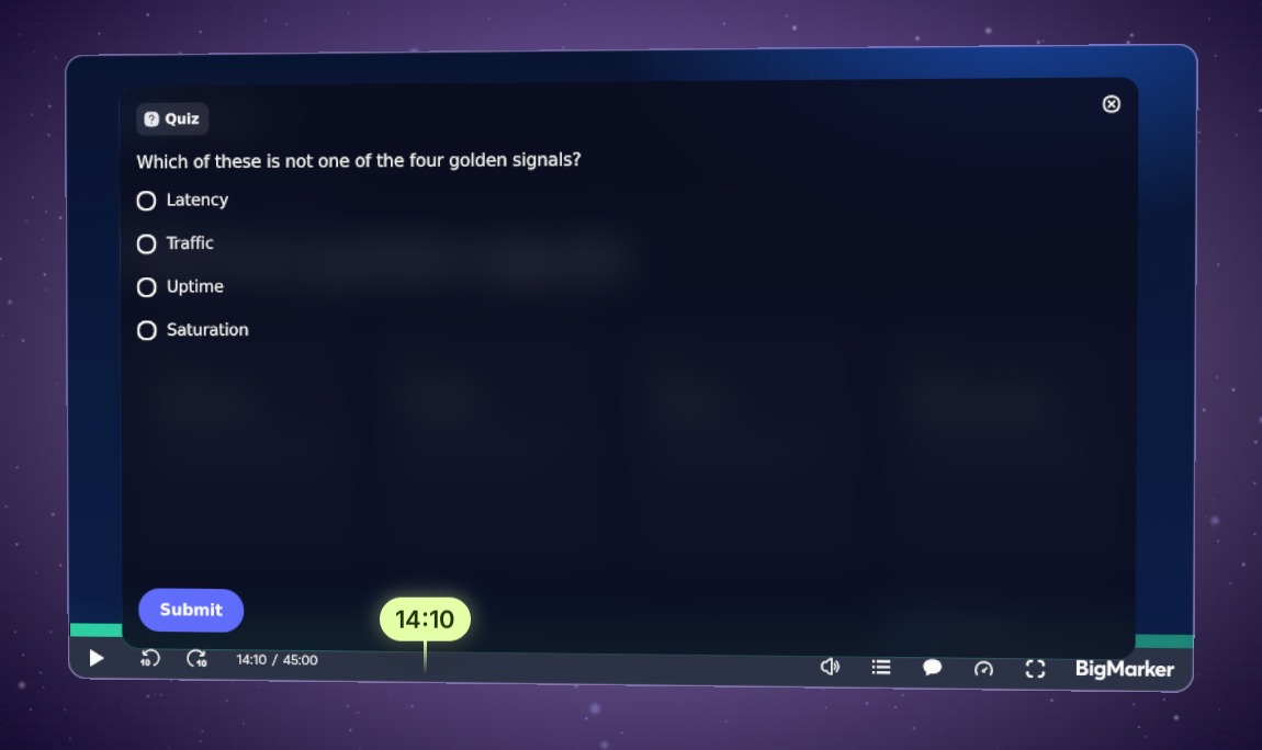 The Observability 101 player paused at 14:10 with a quiz over the slide: which of these is not one of the four golden signals.